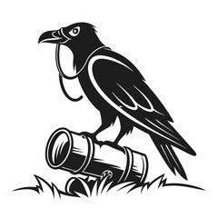 Raven perched on a cannon black and white illustration