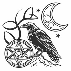 Mystical raven moon pentagram celtic knot design illustration