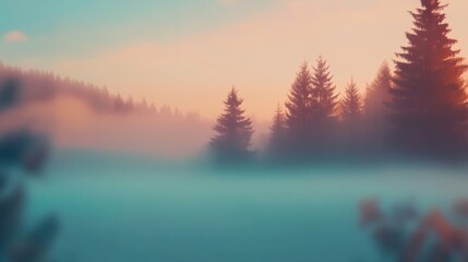 Serene misty landscape at dawn with evergreen trees and soft pastel skies