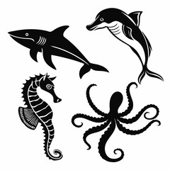 Shark dolphin seahorse octopus ocean wildlife sea life black silhouettes