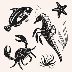 Black and white stylized sea life illustration crab fish starfish seahorse seaweed