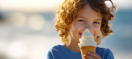 The joyful child enjoying a delicious ice cream cone at the beach.