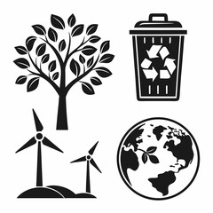 Sustainable ecology icons green energy recycling tree windmills earth