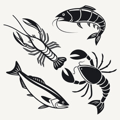 Seafood collection black and white illustration crayfish lobster fish