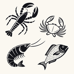 Seafood icons lobster crab shrimp fish monochrome design