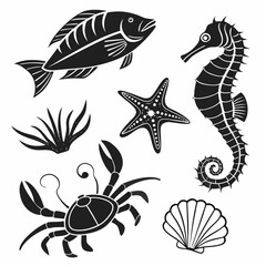 Black and white illustration of sea life crab starfish seahorse fish shell