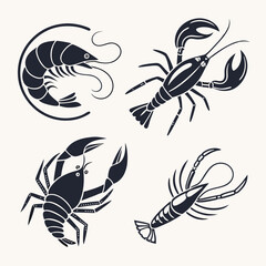 Seafood collection stylized shrimp lobster crayfish icons