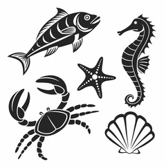 Black and white stylized sea life illustration fish crab starfish seahorse shell