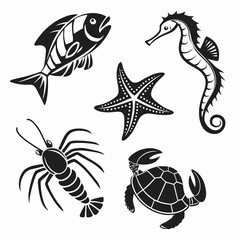 Black and white stylized sea life illustration fish seahorse starfish lobster turtle