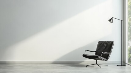 Empty room with black leather chair and floor lamp.
