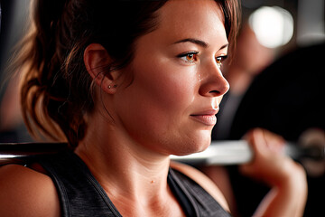 Plus-size woman lifting weights in a gym, sweat visible, realistic lighting, motivational vibe