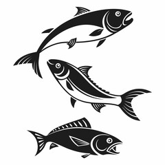 Three stylized black fish illustrations isolated on white background