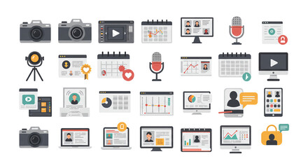 Flat design digital marketing social media content creation and management vector icon set bundle