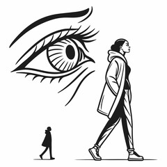 Woman walking away large eye watching her small person following