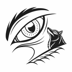 Wolf howling at a giant eye tribal tattoo design