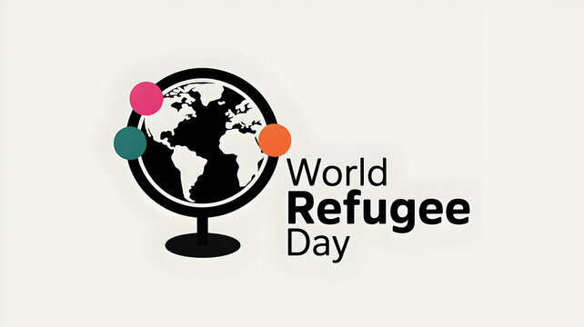 World refugee day design featuring a globe with colorful dots on a light background illustration