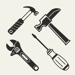 Black and white illustration of tools hammer wrench screwdriver