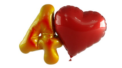 Numbers four Balloon with red heart Isolated on transparent background