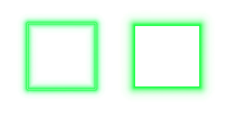 Green neon square frame isolated on transparent background with glowing border for decoration and mockup
