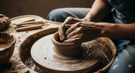 Artisan is shaping clay on a pottery wheel, with various tools and materials nearby, highlighting the creative process and dedication to craftsmanship