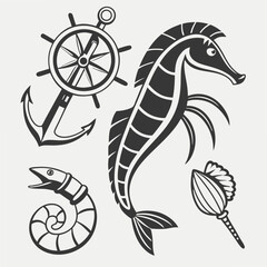 Nautical sea life design elements seahorse anchor ship wheel cutout