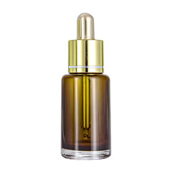 Naklejka premium Amber glass bottle with gold dropper skincare product packaging design isolated on transparent background