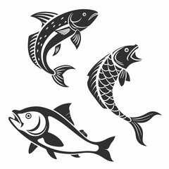 Three stylized black fish illustrations isolated on white background