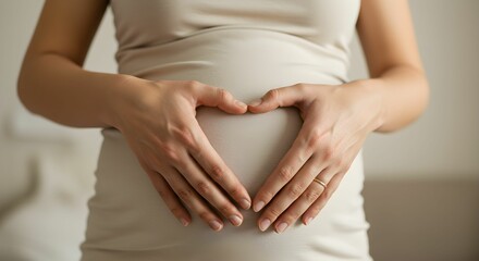 Pregnant woman gently forming a heart shape with both hands over her belly.