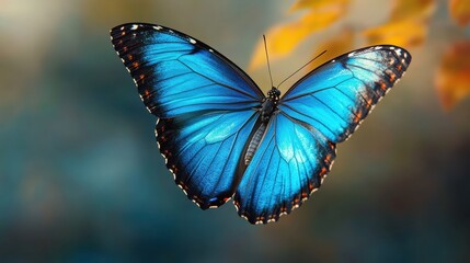 Beautiful blue butterfly in full body close-up portrait, flying with grace. Generative AI.