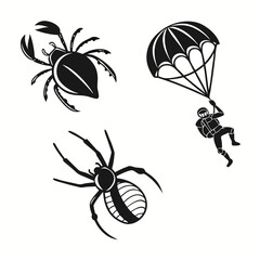 Black and white illustration of insects and a skydiver