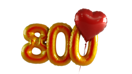 Numbers eight hundred Balloon with red heart Isolated on transparent background