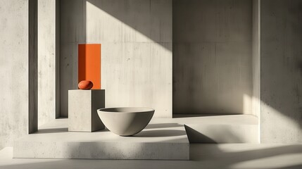 Abstract composition featuring a simple bowl and a small object on a concrete platform.
