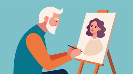 An elderly man sitting at an easel lost in concentration as he carefully sketches a portrait of his late wife. The strokes of his pencil are done with such care and emotion. Vector illustration