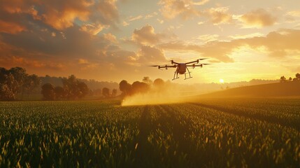 Fototapeta premium A drone spraying crops in a green field at sunset, enhancing agricultural productivity and precision farming practices in the rural landscape