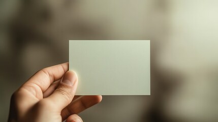 Artistic macro of a blank card in pale sage green, delicately held between fingers, softly blurred taupe backdrop, elegant soft lighting for a clean professional look.