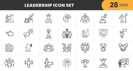  Leadership icon set. Containing leader, vision, guidance, mentorship, coaching, influence, charisma, challenge, lead and more. Vector illustration. Solid icons collection.
