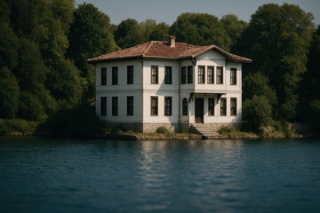 Elegant White House On Blue Lake Shore With Green Trees And Mountains In Peaceful Summer Landscape