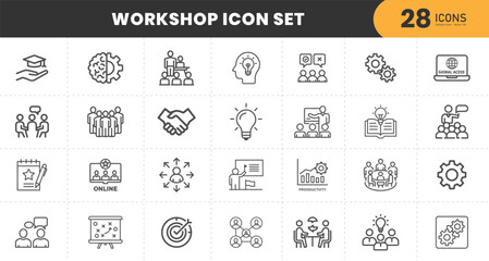  Workshop set of web icons in line style. Business Workshop icons for web and mobile app. Containing team building, teamwork, coaching, meeting, managing, coaching, motivation and more

