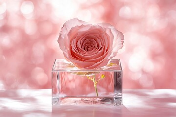 A pink rose enclosed within a glass cube, resting atop a gift box. The background is softly blurred