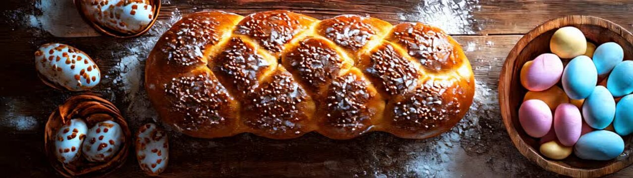 Loaf of bread with sprinkled sugar and paste eggs easter baking food background