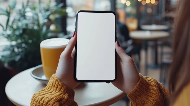 Woman's hands holding smartphone with blank screen in cafe, near latte, mockup, technology, communication : Generative AI