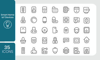Smart Home  IoT Devices line icon set. phone, digital,mail, social, wireless, remote control, computer, hub, detector and more. Outline vector icon in linear style. Series of pictograms