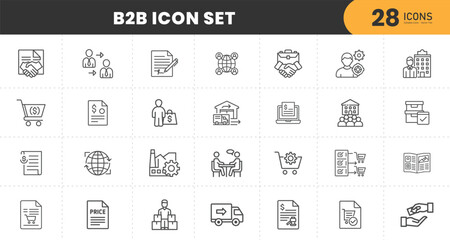 B2B icon set. Business to business, supplier, commerce, vendor, enterprise, partnership, manufacturer, purchase order, supply chain, transaction, quotation and more. Solid vector icons collection.
