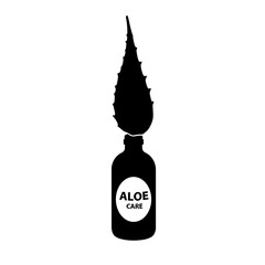 Obraz premium Silhouette of aloe leaf on bottle labeled Aloe Care, minimal black and white design