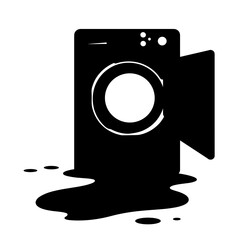 Silhouette of broken washing machine with water puddle, home appliance repair urgency