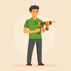 Cheerful handyman with a drill in stylish attire