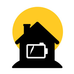 Silhouette of house with battery icon against solar backdrop, energy storage concept