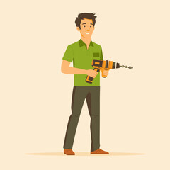 Cheerful handyman with a drill in stylish attire