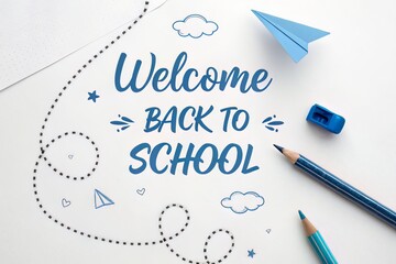 Welcome Back to School Flat Lay Composition with Blue Lettering, Paper Airplane, Pencils and Stationery on a Clean White Background.