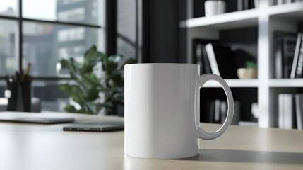 Coffee mug mockup with personalized design on a clean office desk
